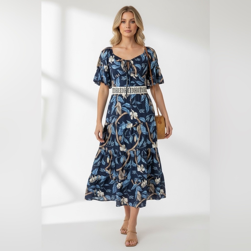 La’Ros Navy Floral Puff Sleeve Tiered Midi Dress – NWT – Size Small